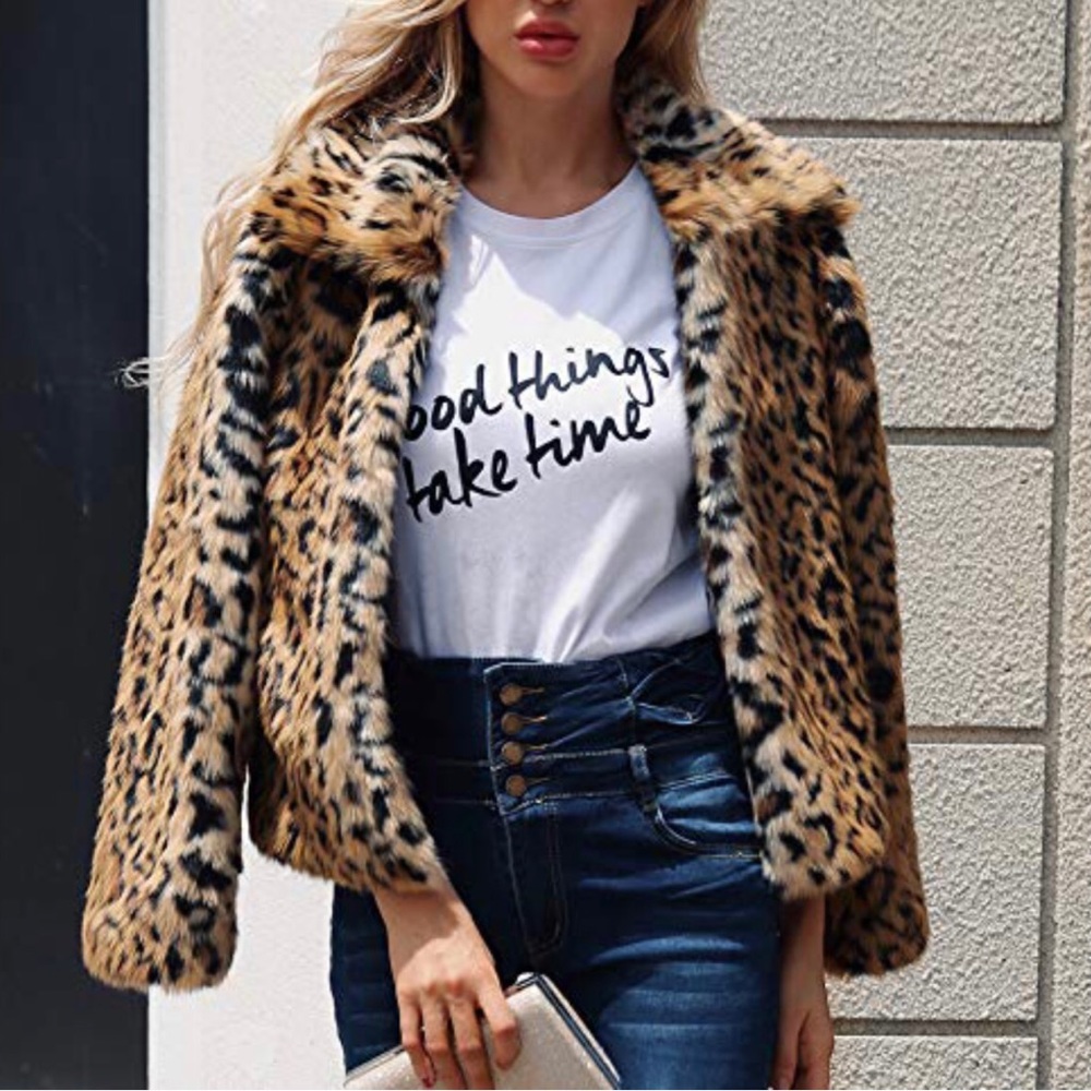 Black Rivet Cropped Faux Leopard Fur Jacket XS